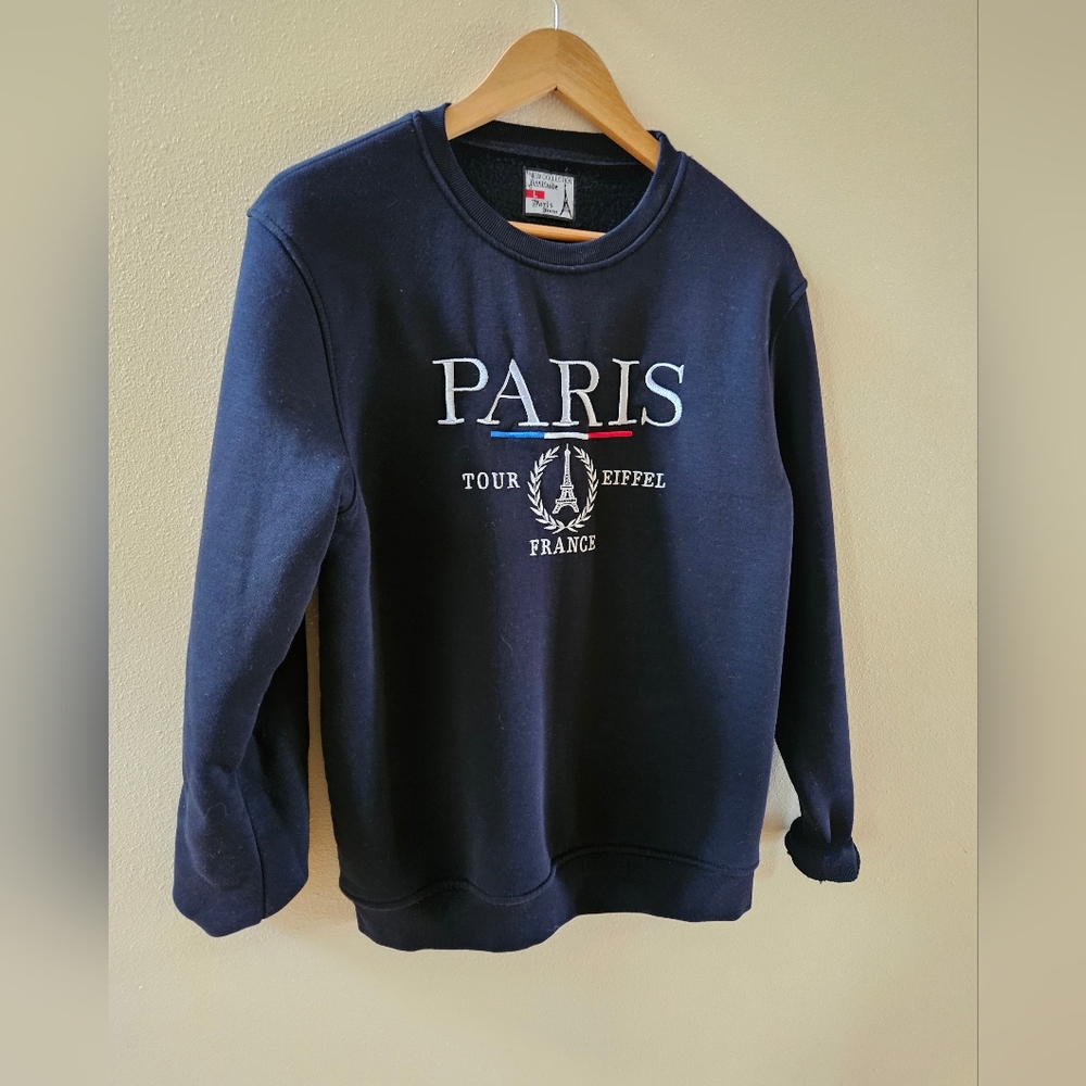 Blue and White Crew Neck Sweater with Collegiate Style